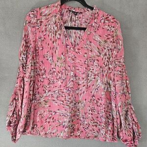 Zac & Rachel Women XL Shirt Pink Sheer Vneck Tie Cottagecore Floral Ruched Sleev